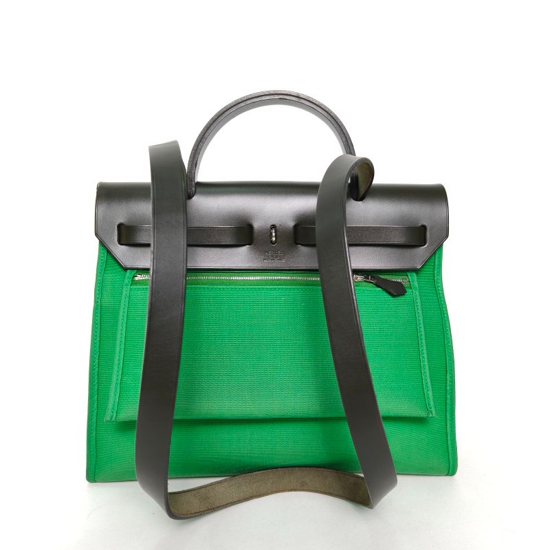 HERMES Herbag311K竹子綠帆布/Hunter牛皮A刻銀扣肩背包-2