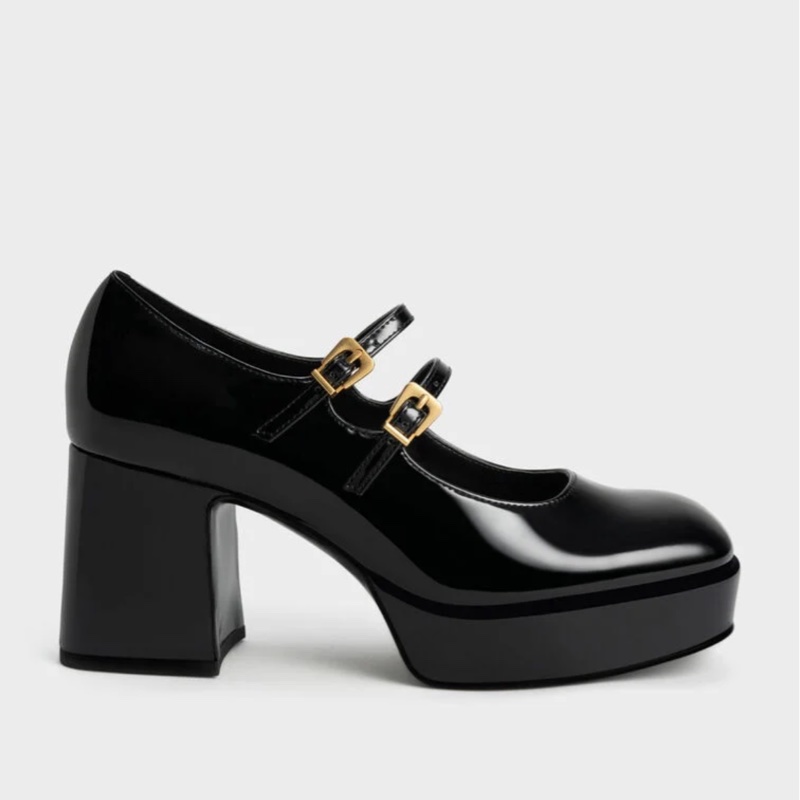 CHARLES & KEITH  小CK 雙帶厚底瑪莉珍鞋  黑色 漆皮 粗跟  39   CK1-60280370-0