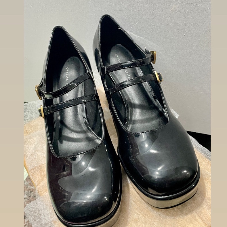 CHARLES & KEITH  小CK 雙帶厚底瑪莉珍鞋  黑色 漆皮 粗跟  39   CK1-60280370-4