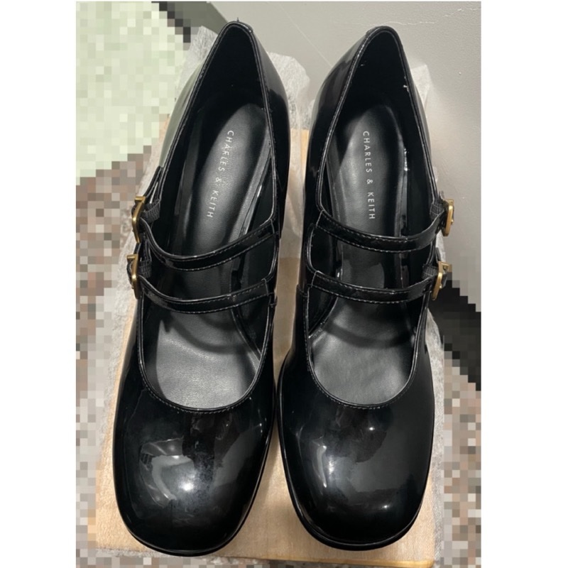 CHARLES & KEITH  小CK 雙帶厚底瑪莉珍鞋  黑色 漆皮 粗跟  39   CK1-60280370-5
