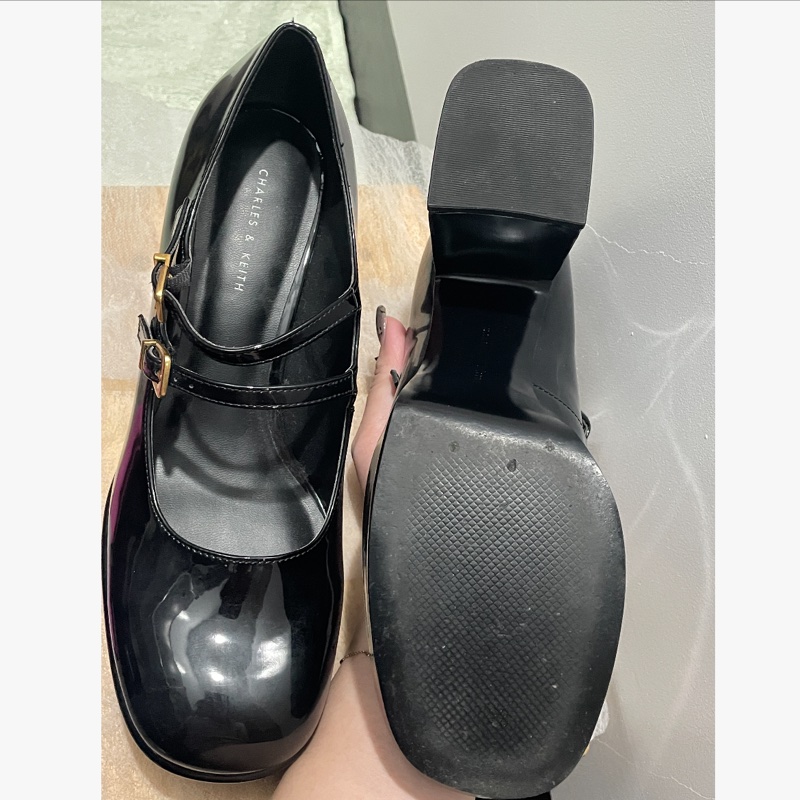 CHARLES & KEITH  小CK 雙帶厚底瑪莉珍鞋  黑色 漆皮 粗跟  39   CK1-60280370-8