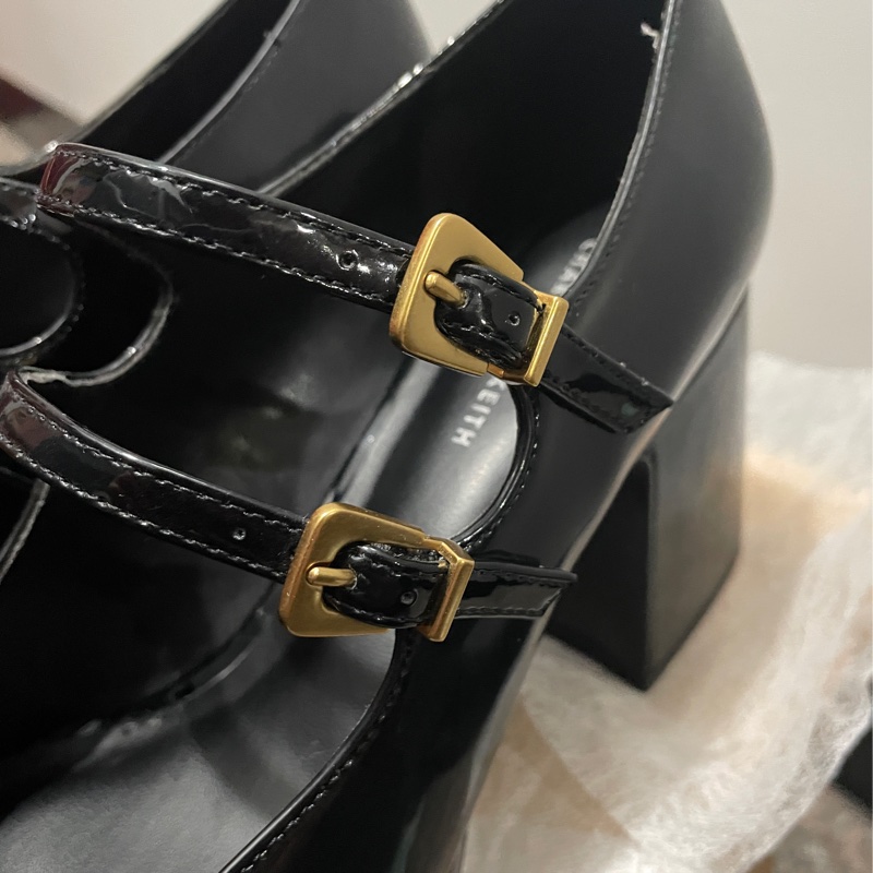 CHARLES & KEITH  小CK 雙帶厚底瑪莉珍鞋  黑色 漆皮 粗跟  39   CK1-60280370-14