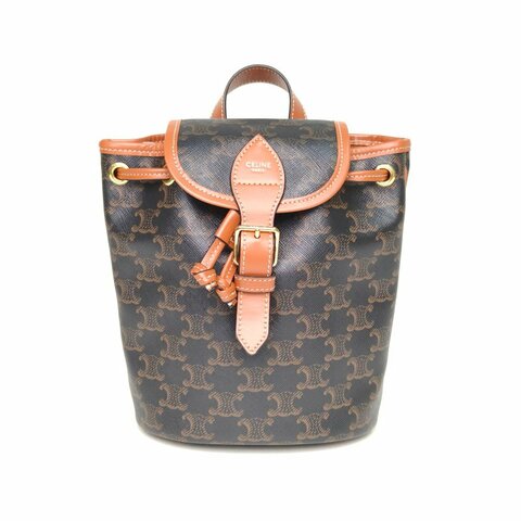 CELINE Folco抽繩雙肩包Mini迷你褐色PVC老花肩背包