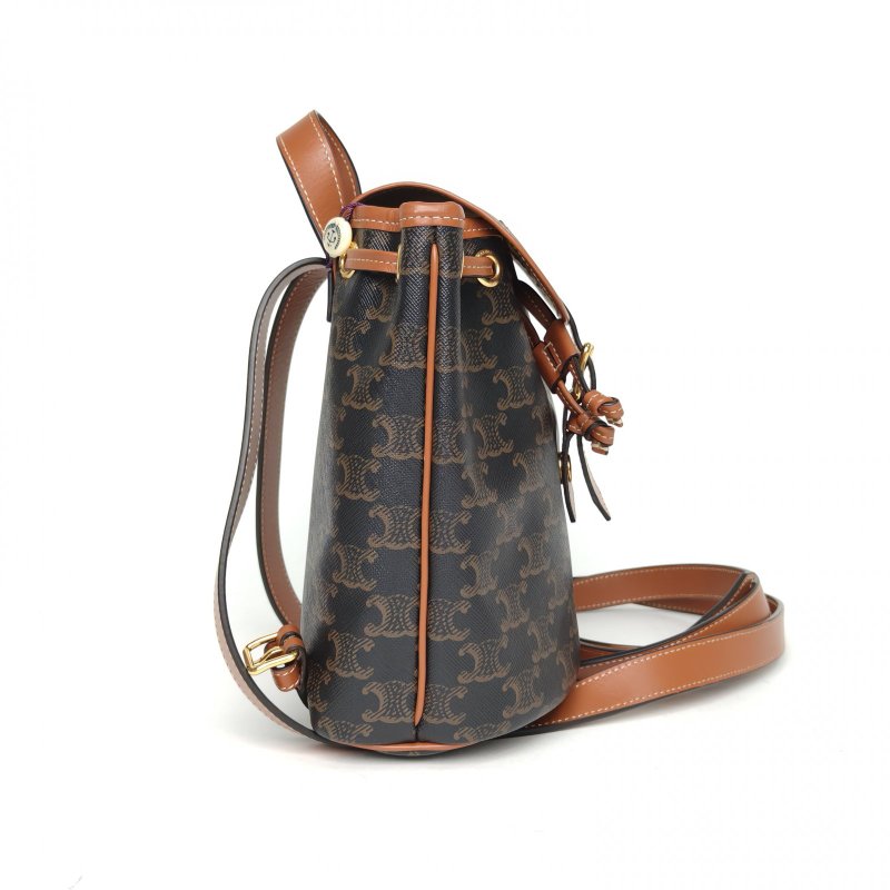 CELINE Folco抽繩雙肩包Mini迷你褐色PVC老花肩背包-3