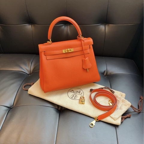 【98新🆕】Hermes kelly 25 雙環 橙色金扣togo皮 T刻手提包單肩包