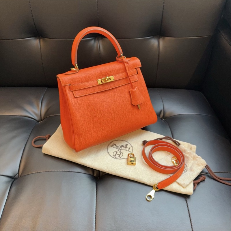 【98新🆕】Hermes kelly 25 雙環 橙色金扣togo皮 T刻手提包單肩包-2