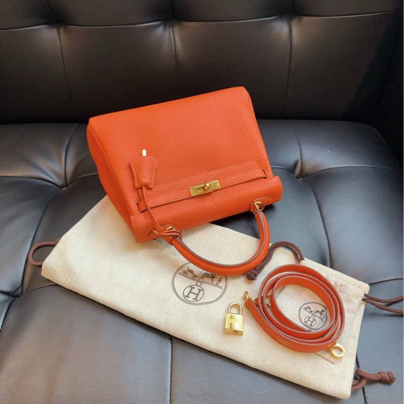 【98新🆕】Hermes kelly 25 雙環 橙色金扣togo皮 T刻手提包單肩包-4