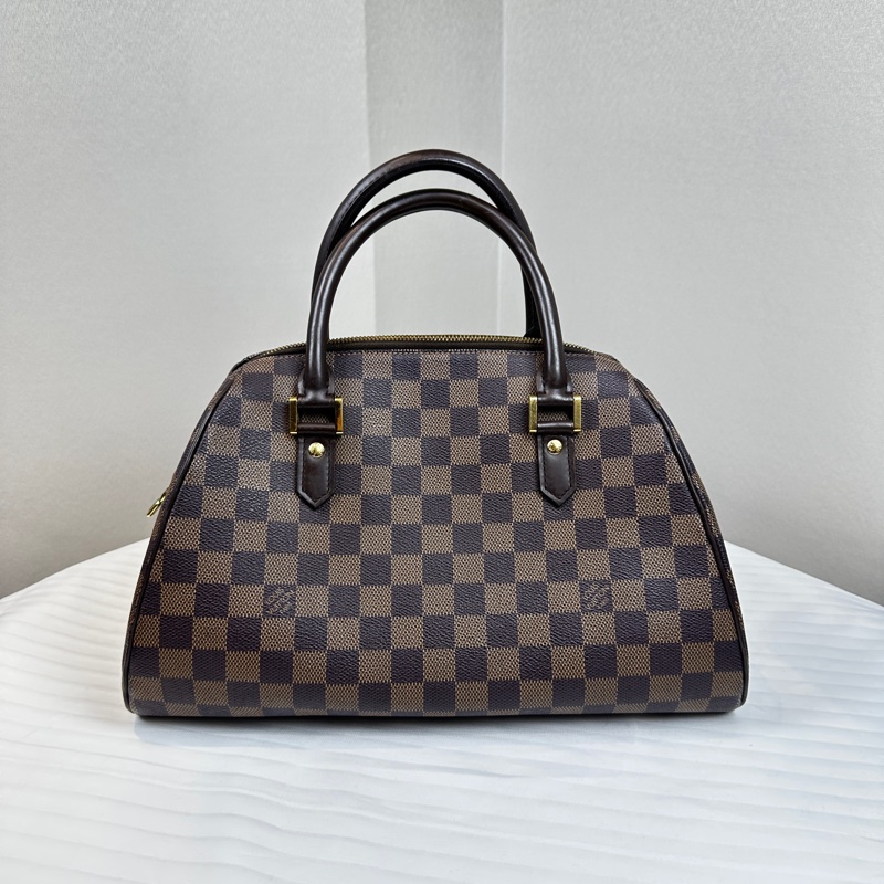 95新 路易威登/Louis Vuitton Damier Rivera 棕色棋盤格手提包波士頓包35x19x22cm-9
