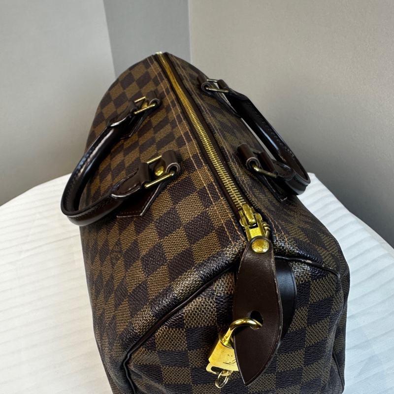 95新 路易威登/Louis Vuitton Damier Rivera 棕色棋盤格手提包波士頓包35x19x22cm-13