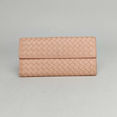 BOTTEGA VENETA 粉色羊皮經典編織中長款錢包肩背包