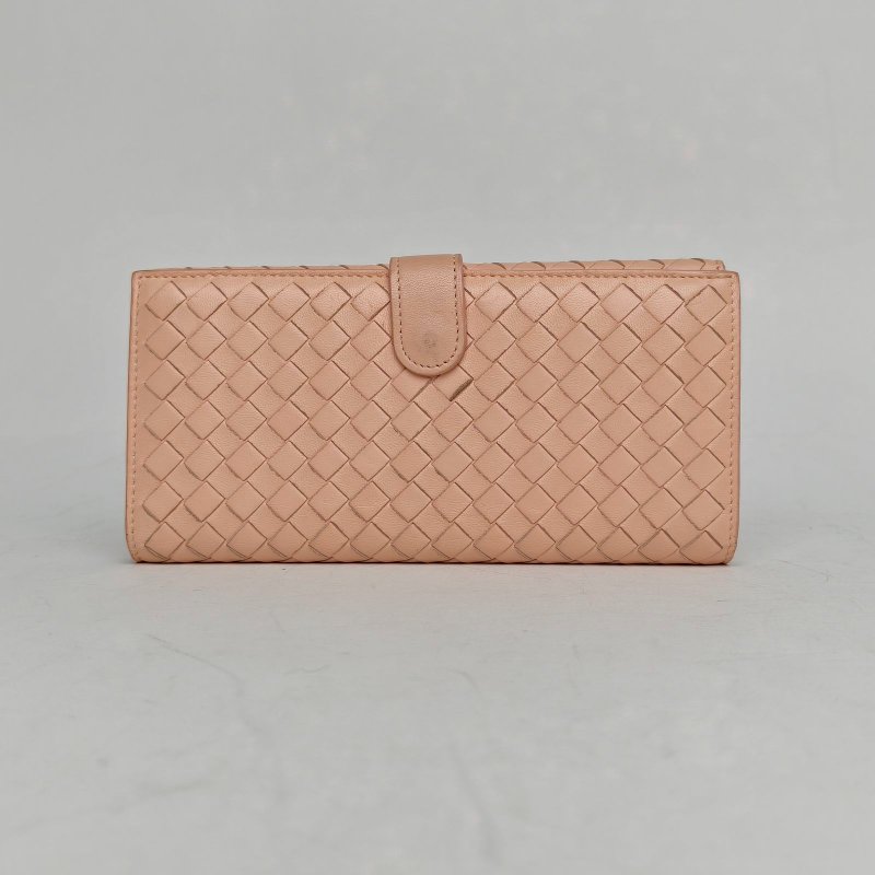 BOTTEGA VENETA 粉色羊皮經典編織中長款錢包肩背包-2