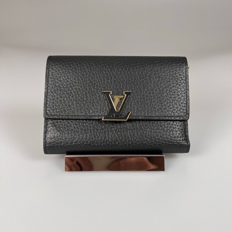 LV M62157 /晶片款 黑拼玫紅色capucines三折短夾-0