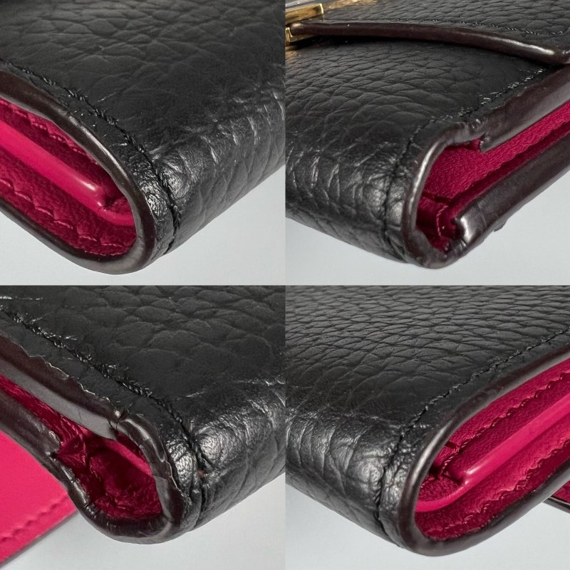 LV M62157 /晶片款 黑拼玫紅色capucines三折短夾-15