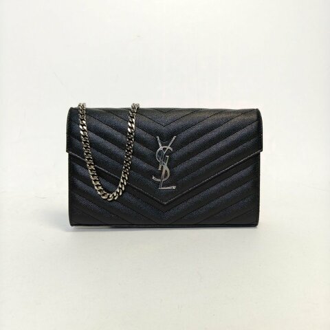 SAINT LAURENT CASSANDRAWOC人字紋信封鏈條包黑色牛皮銀扣肩背包