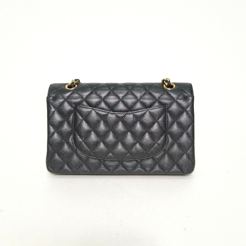 CHANEL CF口蓋包中號25.5黑色荔枝牛皮17開金扣肩背包-2