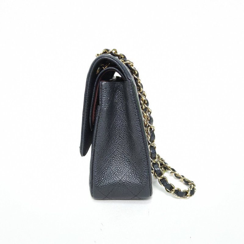 CHANEL CF口蓋包中號25.5黑色荔枝牛皮17開金扣肩背包-3