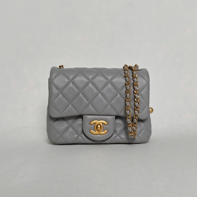 CHANEL CF口蓋包方胖子17灰色羊皮晶片開金扣金球調節扣肩帶肩背包-0