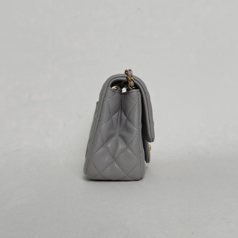 CHANEL CF口蓋包方胖子17灰色羊皮晶片開金扣金球調節扣肩帶肩背包-1