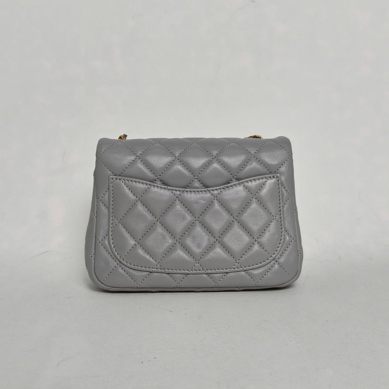 CHANEL CF口蓋包方胖子17灰色羊皮晶片開金扣金球調節扣肩帶肩背包-2