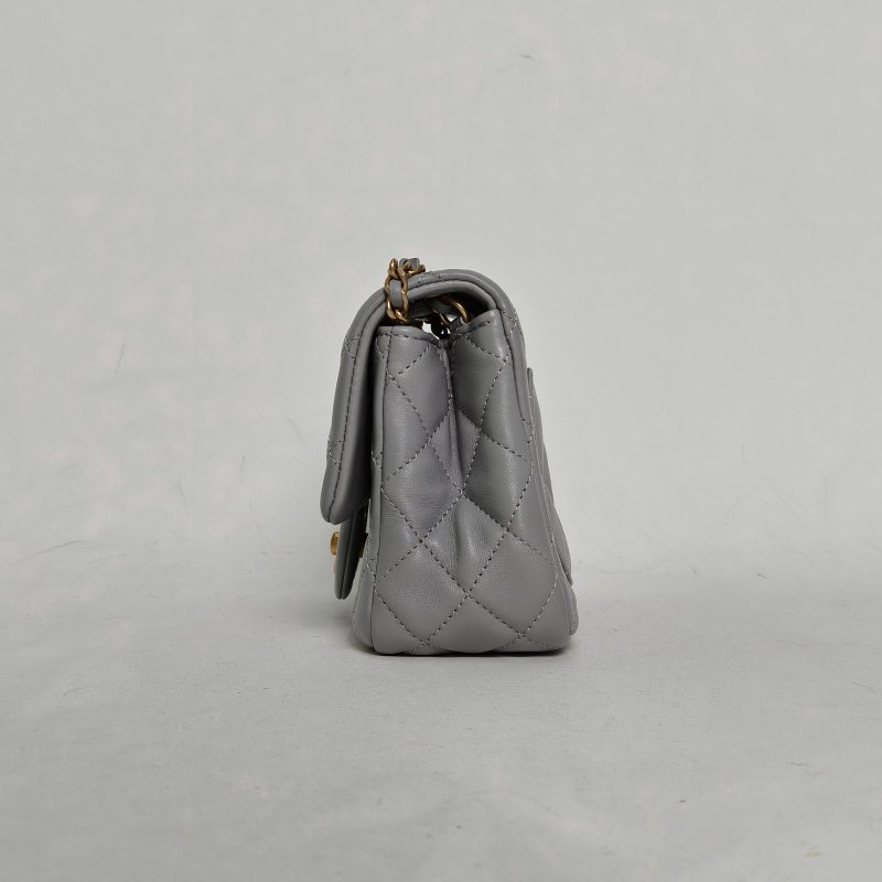 CHANEL CF口蓋包方胖子17灰色羊皮晶片開金扣金球調節扣肩帶肩背包-3