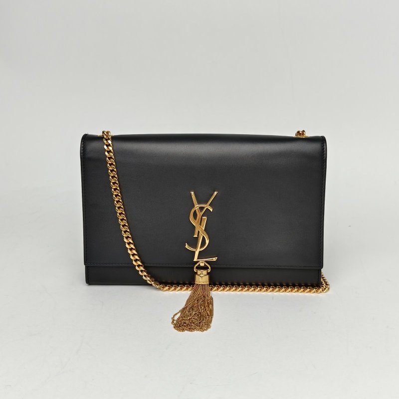 SAINT LAURENT KATE中號24光面流蘇黑色牛皮金扣肩背包-0