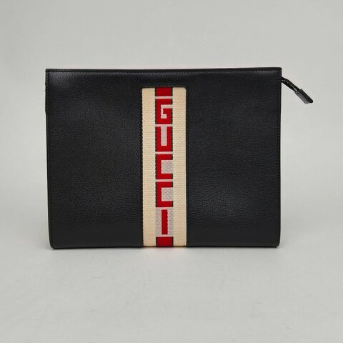 GUCCI 黑色牛皮帆布刺繡條紋洗漱包手拿包/肩背包