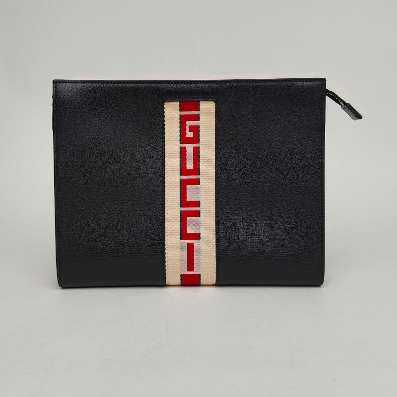 GUCCI 黑色牛皮帆布刺繡條紋洗漱包手拿包/肩背包-0