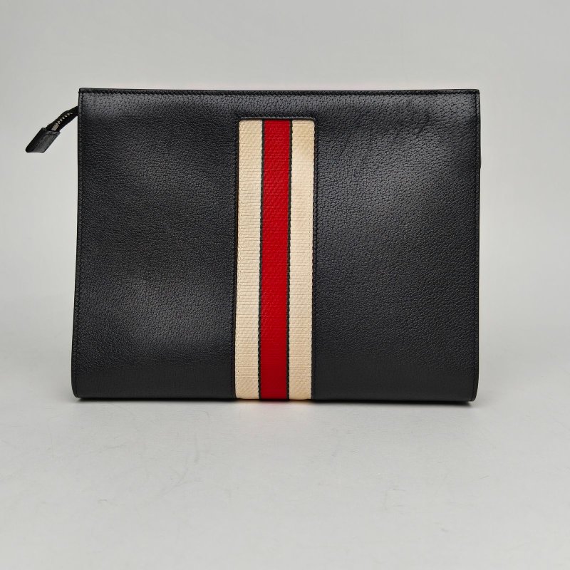 GUCCI 黑色牛皮帆布刺繡條紋洗漱包手拿包/肩背包-2