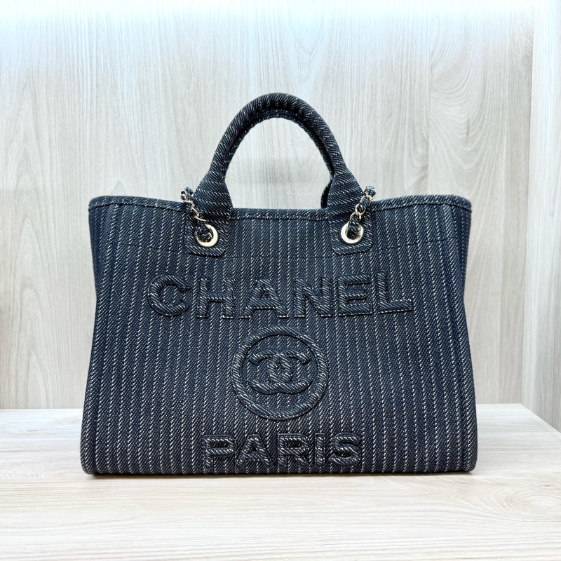 CHANEL深藍色白線帆布淡金鍊沙灘包AS3351-0