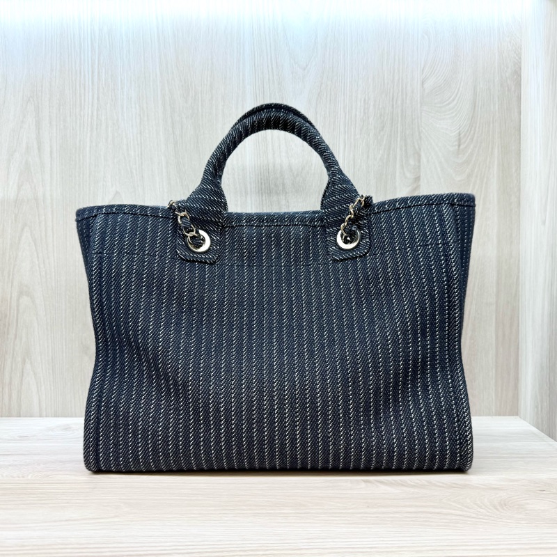 CHANEL深藍色白線帆布淡金鍊沙灘包AS3351-1