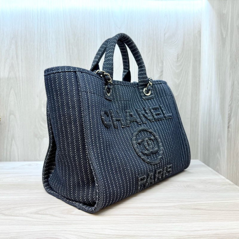 CHANEL深藍色白線帆布淡金鍊沙灘包AS3351-3