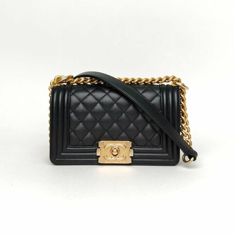 CHANEL Leboy小號20.5黑色荔枝牛皮晶片開金扣菱格紋肩背包