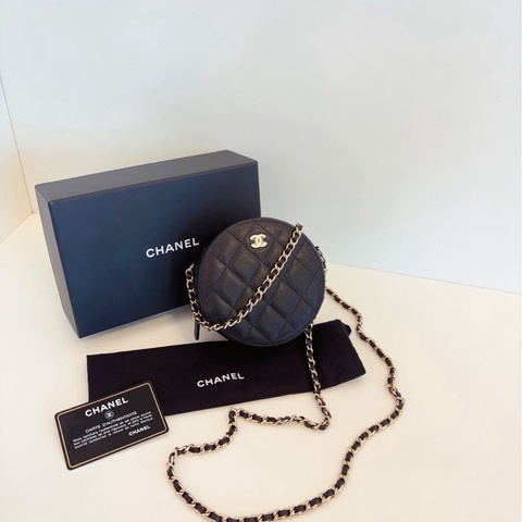 【閒置🆕帶膜】Chanel  黑金荔枝牛皮小圓餅 鏈條包  斜挎包