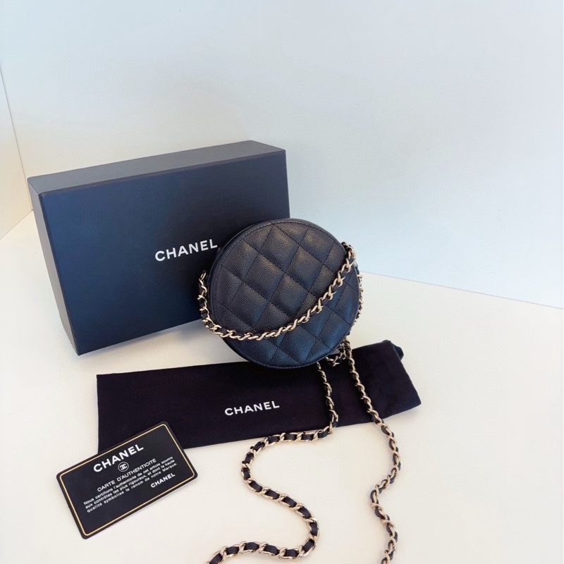【閒置🆕帶膜】Chanel  黑金荔枝牛皮小圓餅 鏈條包  斜挎包-1