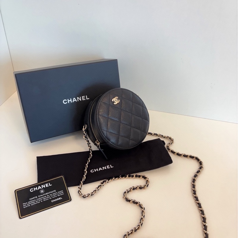 【閒置🆕帶膜】Chanel  黑金荔枝牛皮小圓餅 鏈條包  斜挎包-2