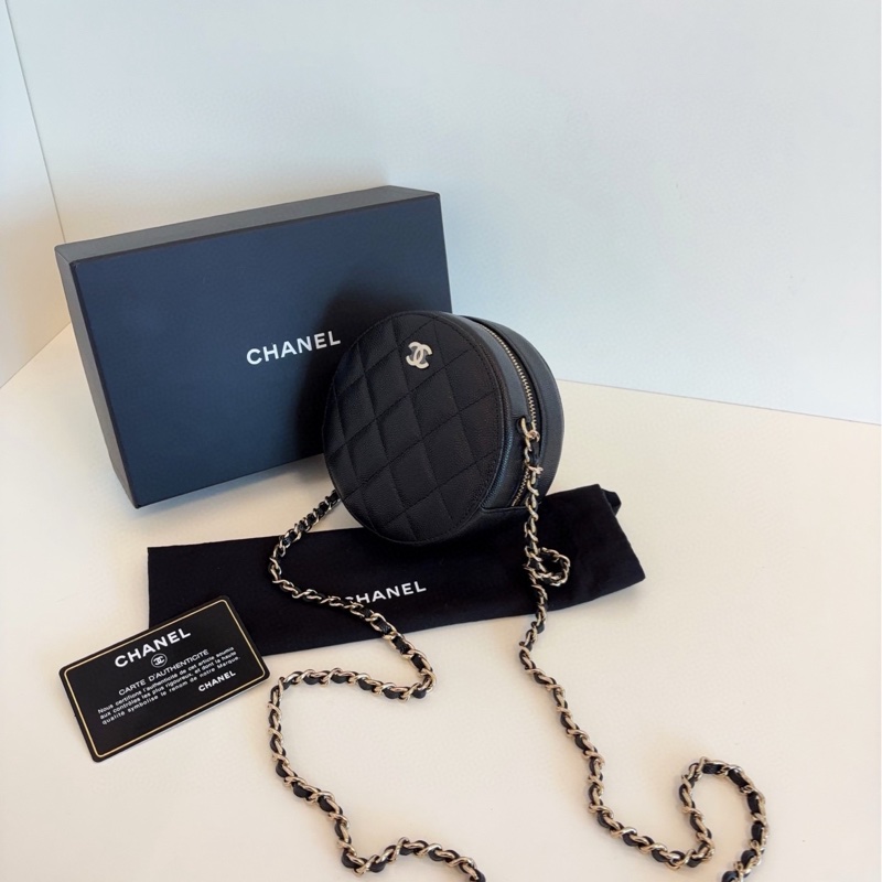 【閒置🆕帶膜】Chanel  黑金荔枝牛皮小圓餅 鏈條包  斜挎包-3