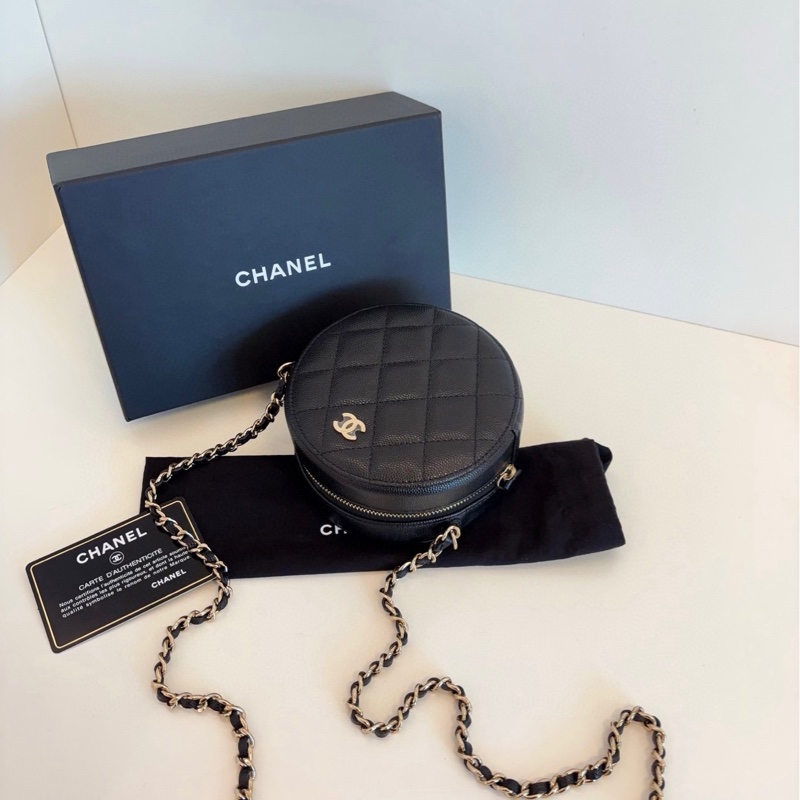 【閒置🆕帶膜】Chanel  黑金荔枝牛皮小圓餅 鏈條包  斜挎包-4