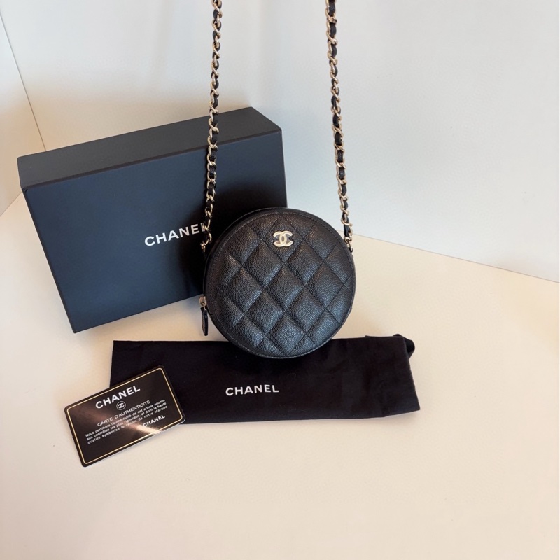 【閒置🆕帶膜】Chanel  黑金荔枝牛皮小圓餅 鏈條包  斜挎包-7