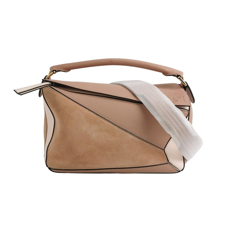 Loewe Puzzle中號牛皮翻毛皮拼色幾何線條單肩包-0