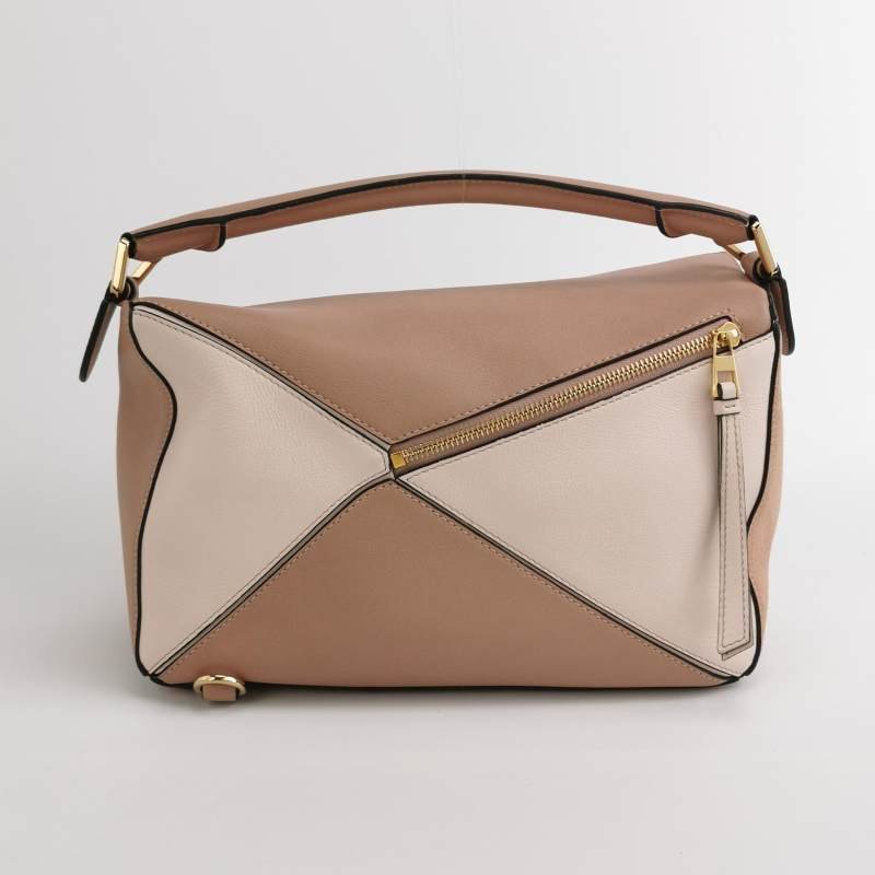 Loewe Puzzle中號牛皮翻毛皮拼色幾何線條單肩包-4