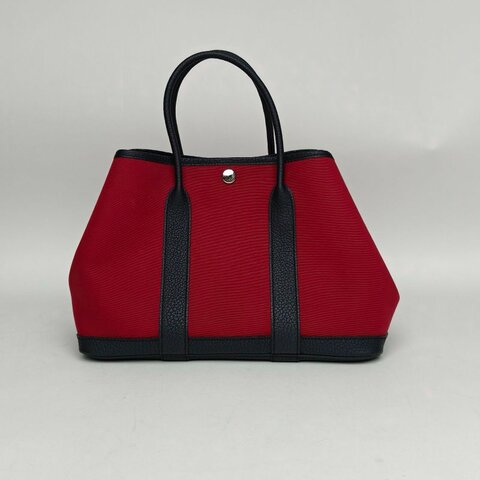 HERMES GardenParty花園包30B5寶石紅拼76印度藍拼L4泡泡粉NEGONA皮/帆布B刻銀扣肩背包