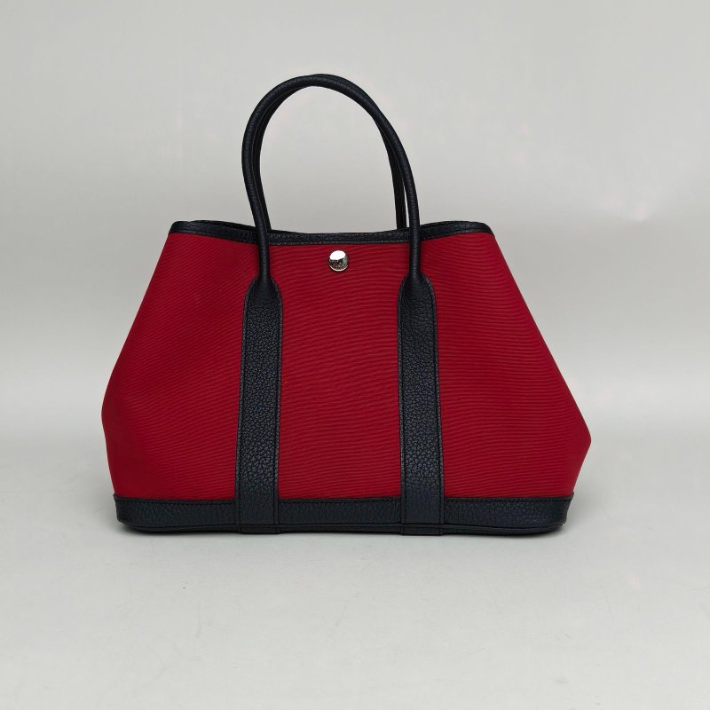 HERMES GardenParty花園包30B5寶石紅拼76印度藍拼L4泡泡粉NEGONA皮/帆布B刻銀扣肩背包-0