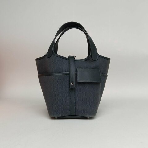 HERMES Picotin菜籃子18CargoH0朦朧灰Swift皮/帆布W刻銀扣肩背包