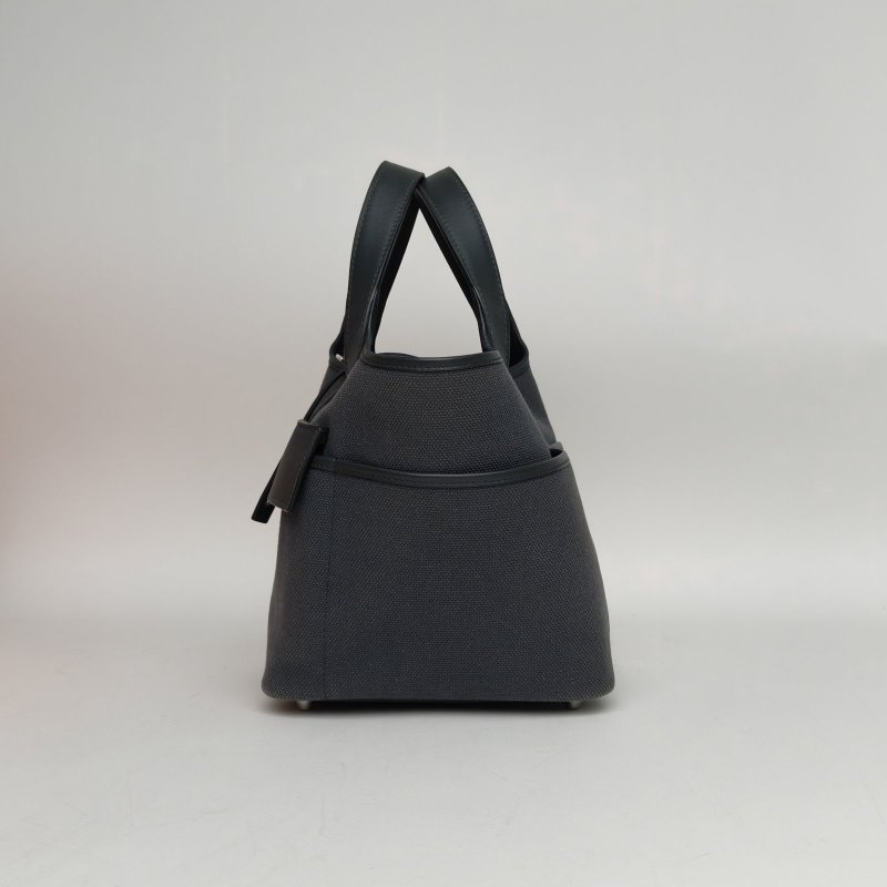 HERMES Picotin菜籃子18CargoH0朦朧灰Swift皮/帆布W刻銀扣肩背包-1