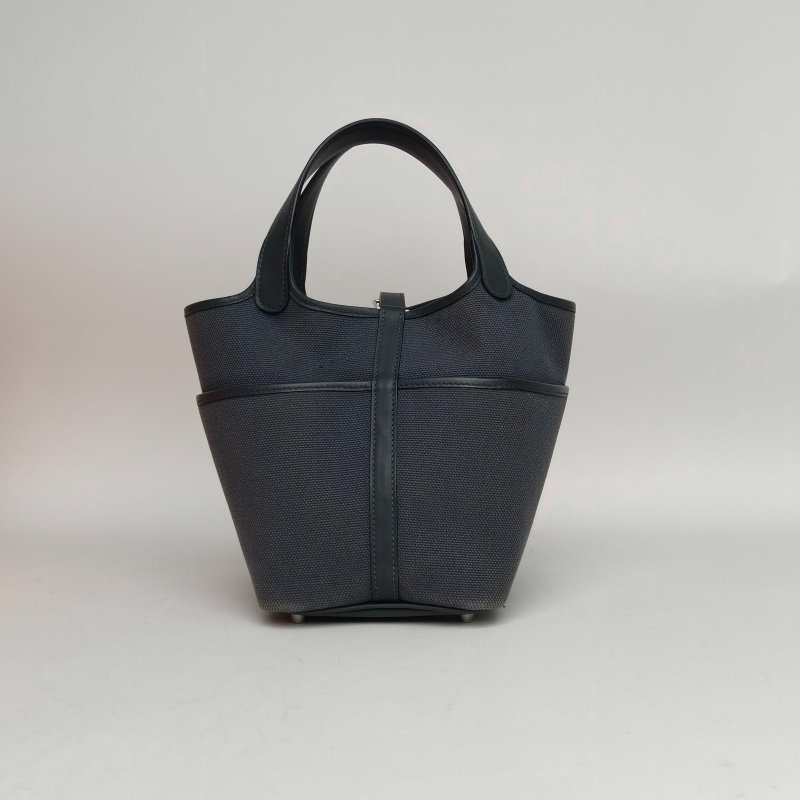 HERMES Picotin菜籃子18CargoH0朦朧灰Swift皮/帆布W刻銀扣肩背包-2