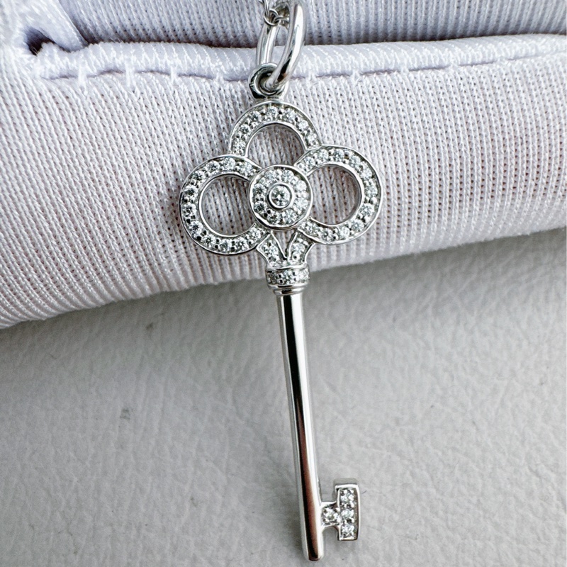Tiffany蒂芙尼 18k白金满钻皇冠钥匙项链-4