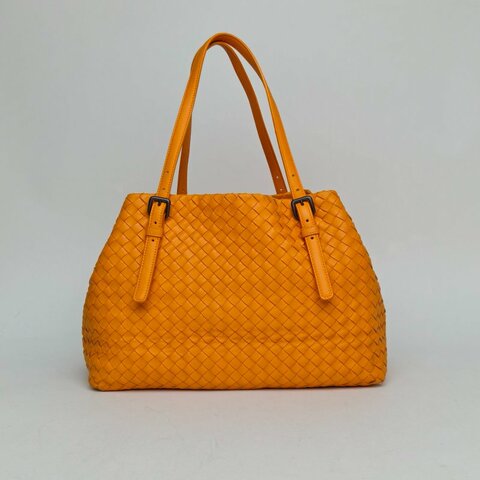 BOTTEGA VENETA 橘色羊皮經典編織neverfull中號購物袋肩背包