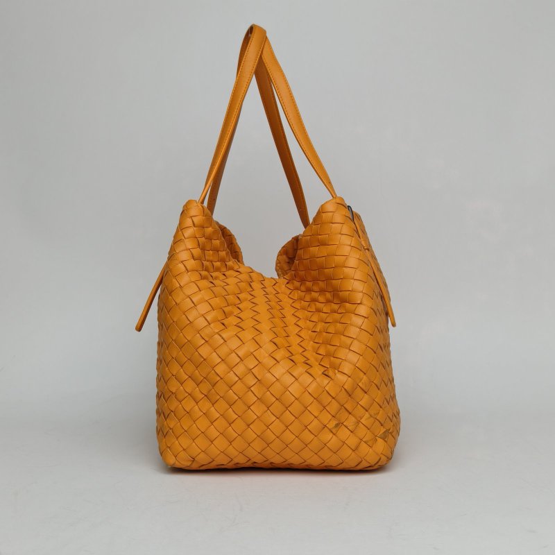 BOTTEGA VENETA 橘色羊皮經典編織neverfull中號購物袋肩背包-1