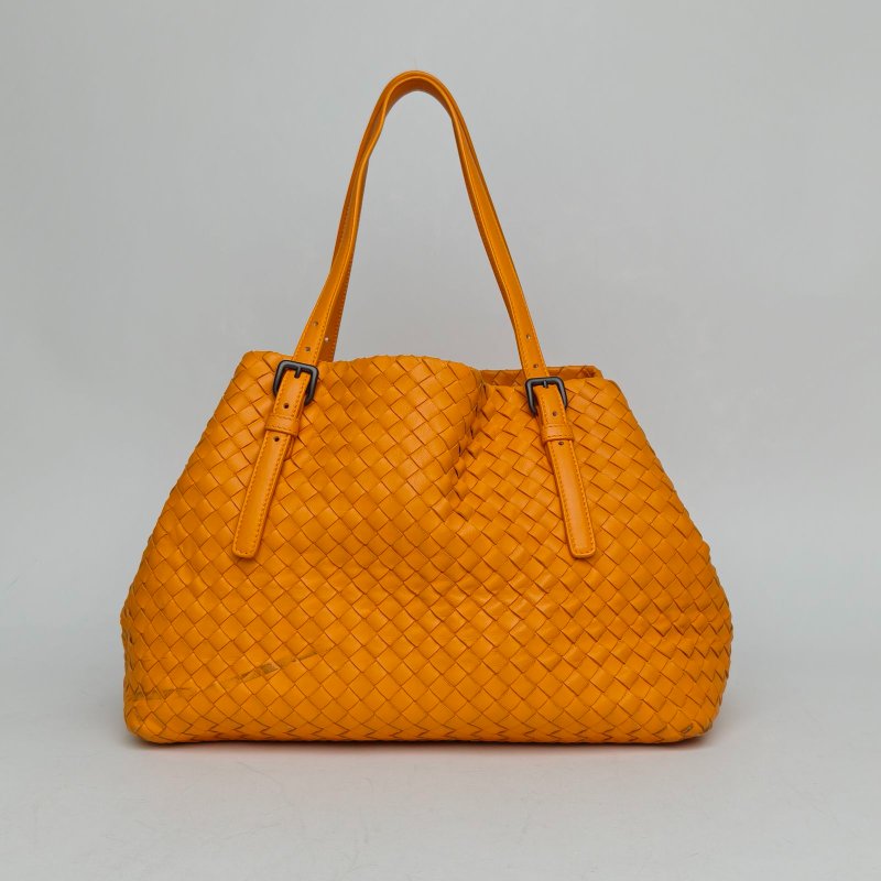 BOTTEGA VENETA 橘色羊皮經典編織neverfull中號購物袋肩背包-2