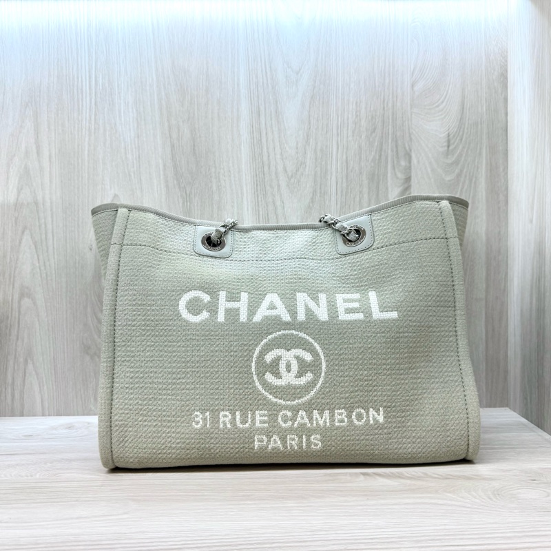 CHANEL牛仔灰帆布銀鏈小號沙灘包A67001-0